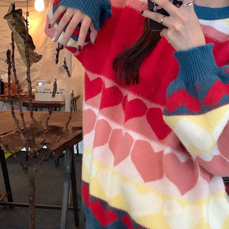 Casual Style Love Heart Jacquard Loose Pullover Knitted Sweater