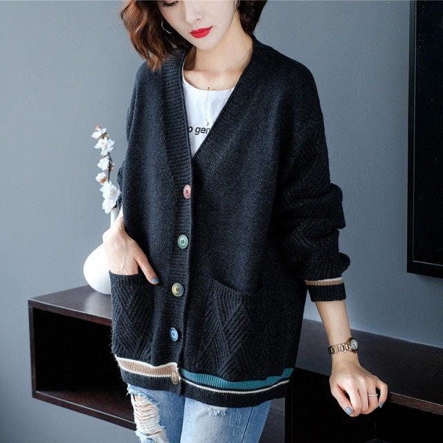 Style Office Lady Knitted Loose-Fit Outerwear Fashion Dress Sweater
