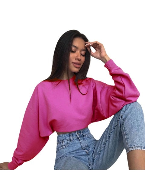 New Sweatshirt Casual Long Sleeve Round Neck Crop Tops Pullover