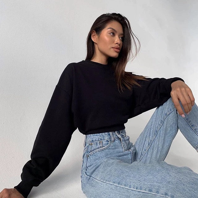 New Sweatshirt Casual Long Sleeve Round Neck Crop Tops Pullover
