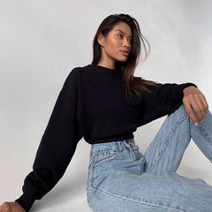 New Sweatshirt Casual Long Sleeve Round Neck Crop Tops Pullover