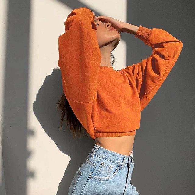 New Sweatshirt Casual Long Sleeve Round Neck Crop Tops Pullover