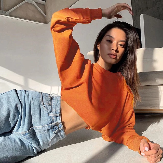 New Sweatshirt Casual Long Sleeve Round Neck Crop Tops Pullover