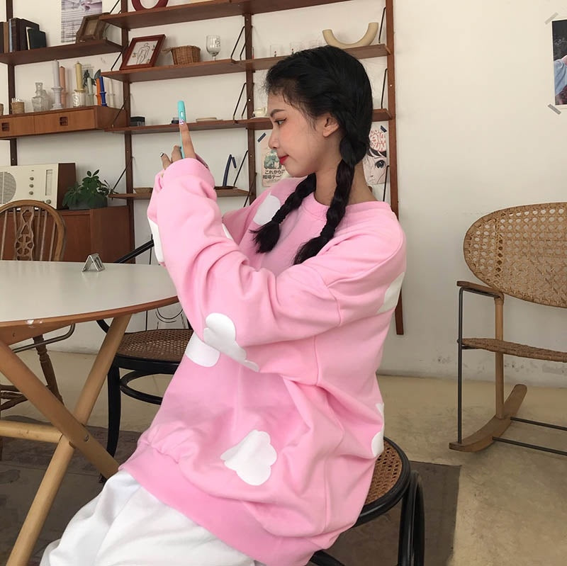 New Cloud Printing Loose O Neck Long Sleeve Sweatshirt