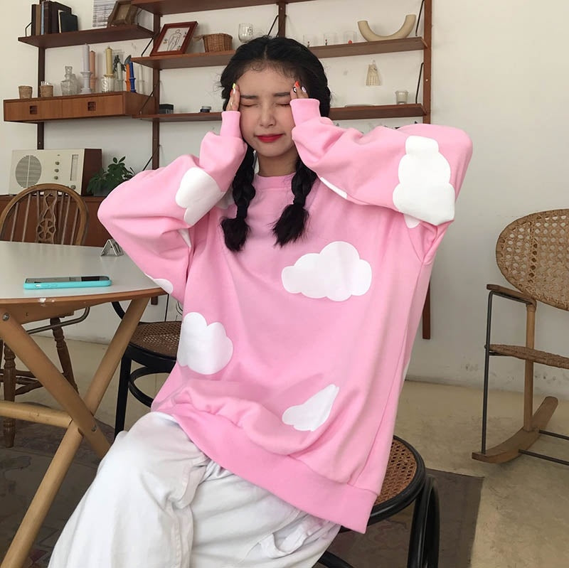New Cloud Printing Loose O Neck Long Sleeve Sweatshirt