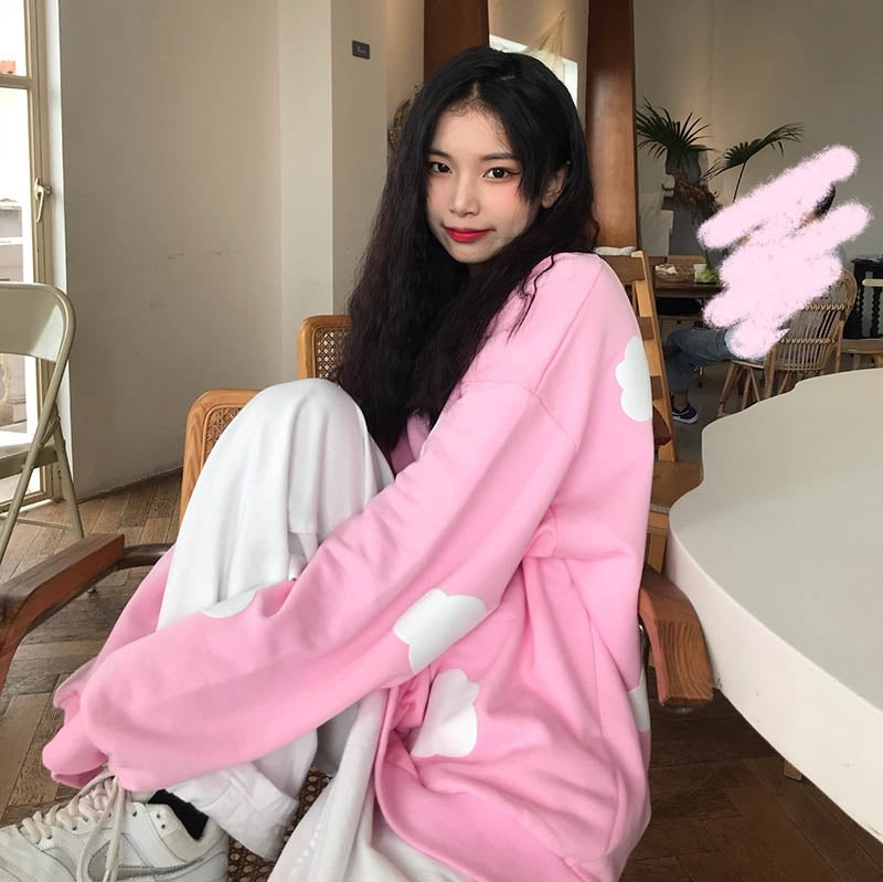 New Cloud Printing Loose O Neck Long Sleeve Sweatshirt