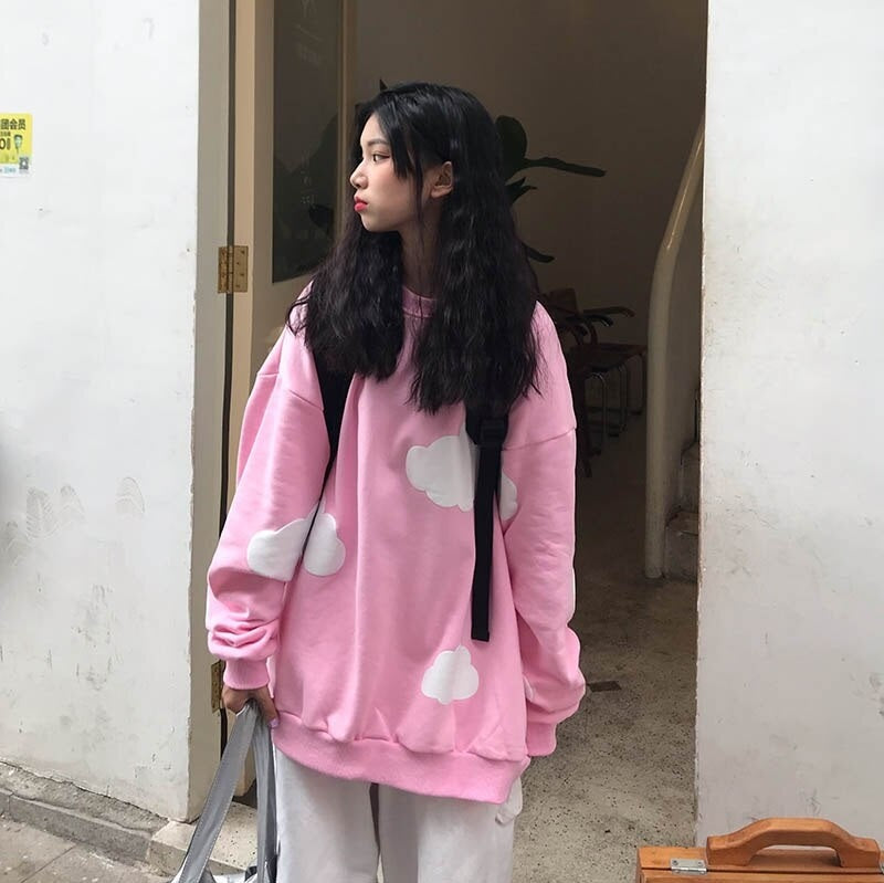 New Cloud Printing Loose O Neck Long Sleeve Sweatshirt