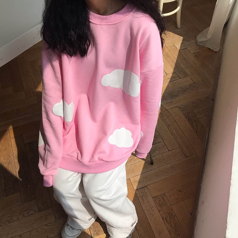 New Cloud Printing Loose O Neck Long Sleeve Sweatshirt