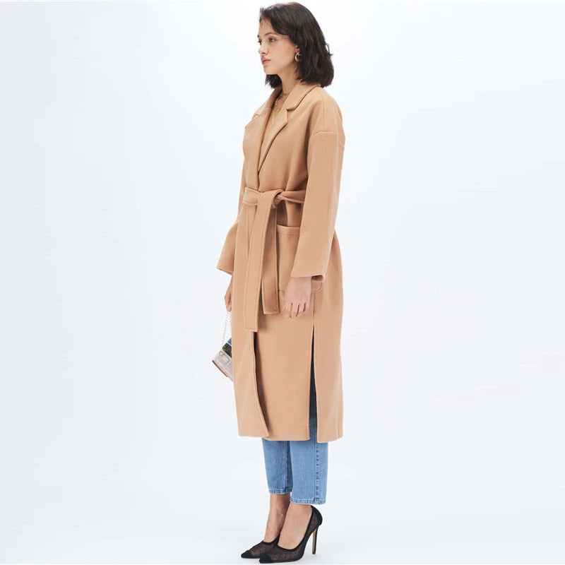 Notched Collar Split Hem Elegant Belted Double Pocket Trench Coat