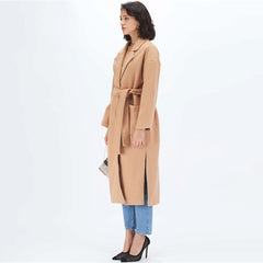 Notched Collar Split Hem Elegant Belted Double Pocket Trench Coat