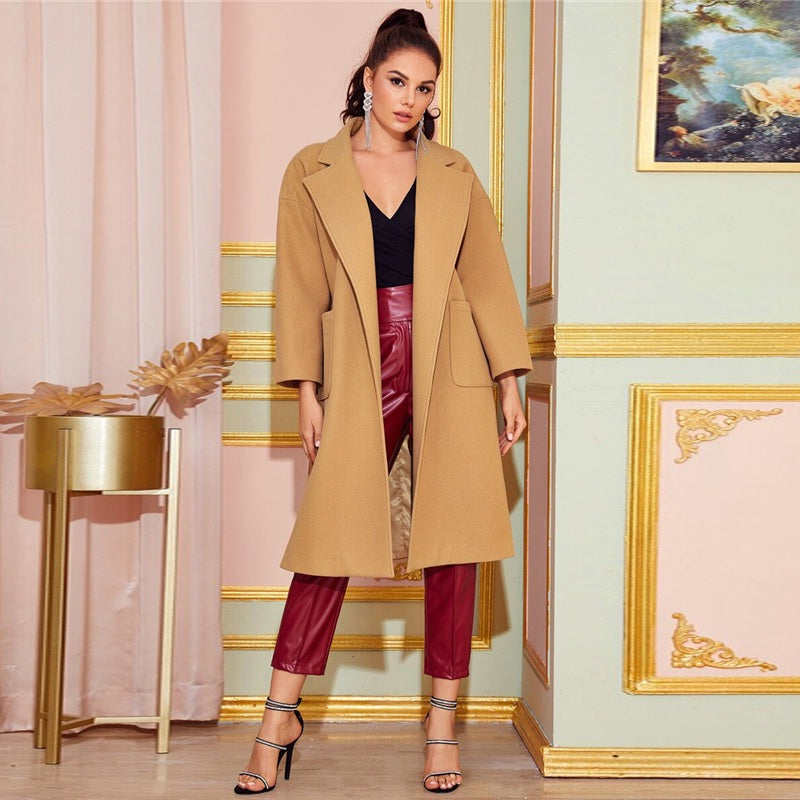 Notched Collar Split Hem Elegant Belted Double Pocket Trench Coat