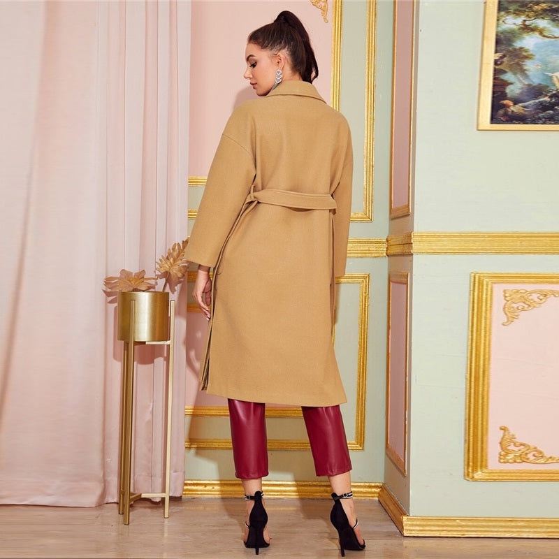 Notched Collar Split Hem Elegant Belted Double Pocket Trench Coat