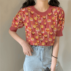 O Neck Knitted Print Blouse