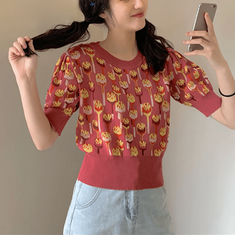 O Neck Knitted Print Blouse