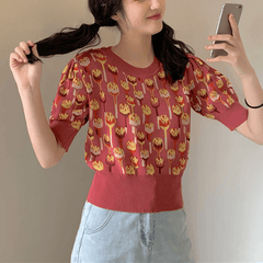 O Neck Knitted Print Blouse