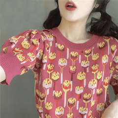 O Neck Knitted Print Blouse