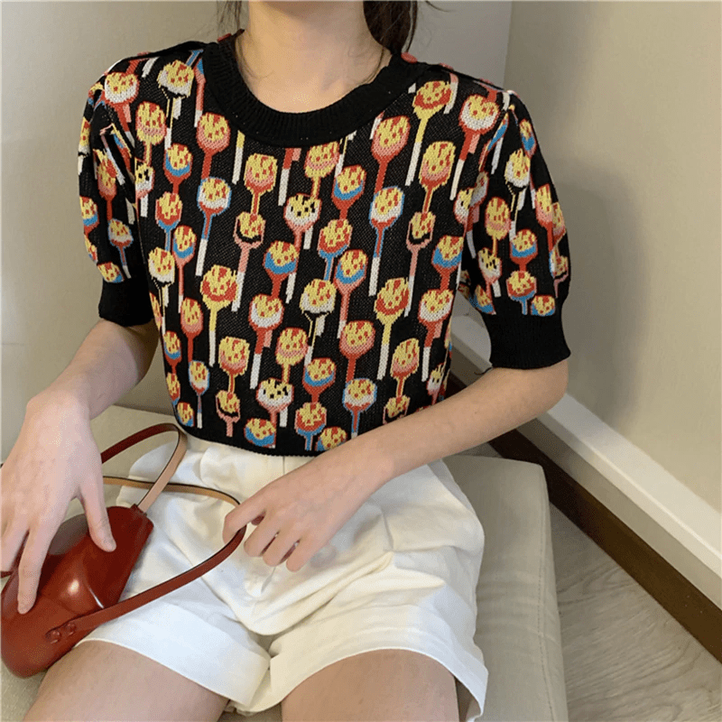 O Neck Knitted Print Blouse