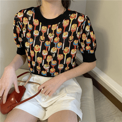 O Neck Knitted Print Blouse