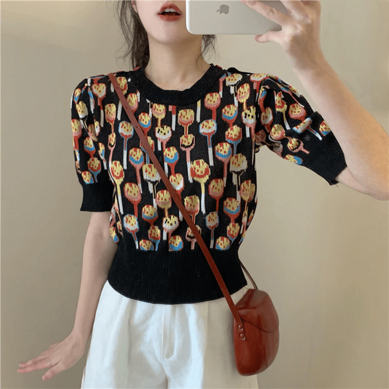 O Neck Knitted Print Blouse