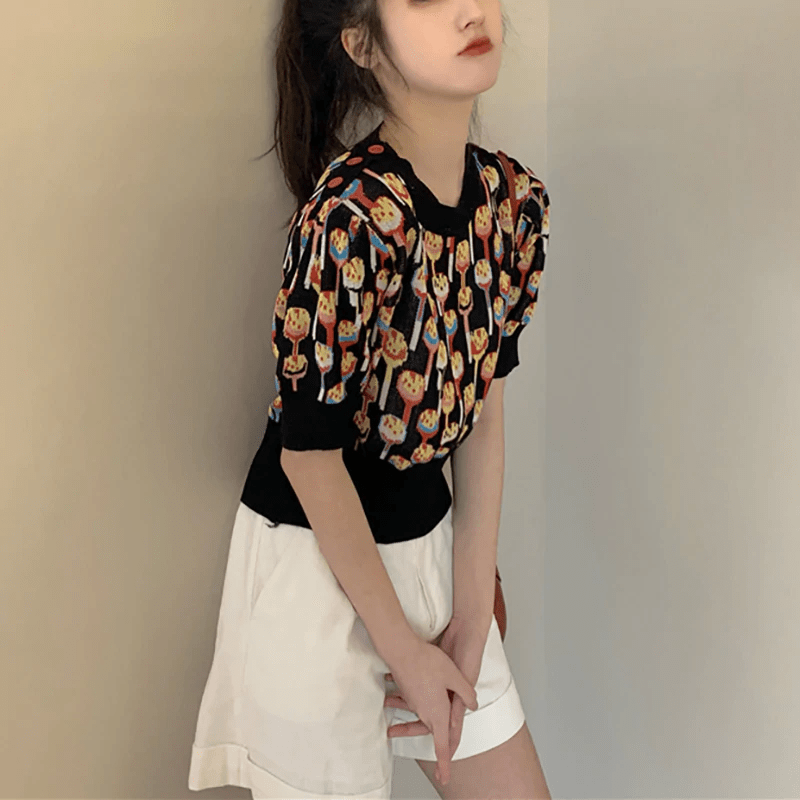 O Neck Knitted Print Blouse