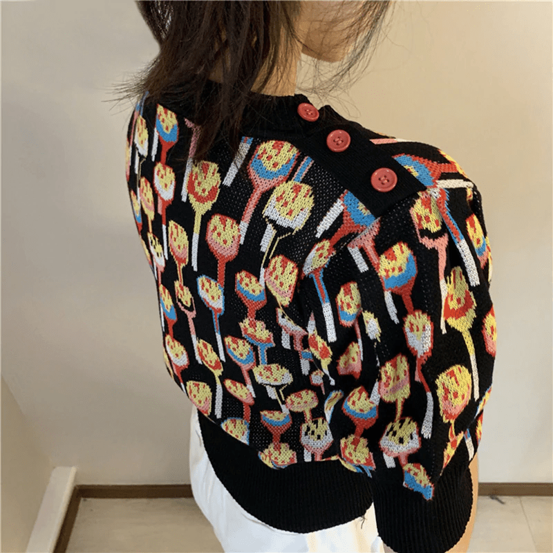 O Neck Knitted Print Blouse