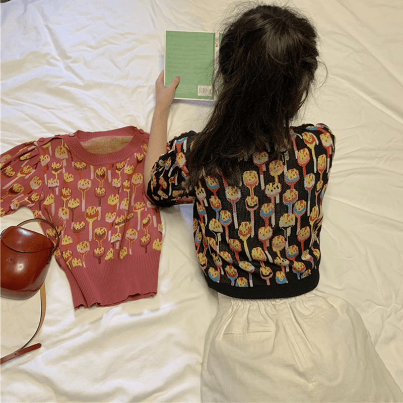 O Neck Knitted Print Blouse