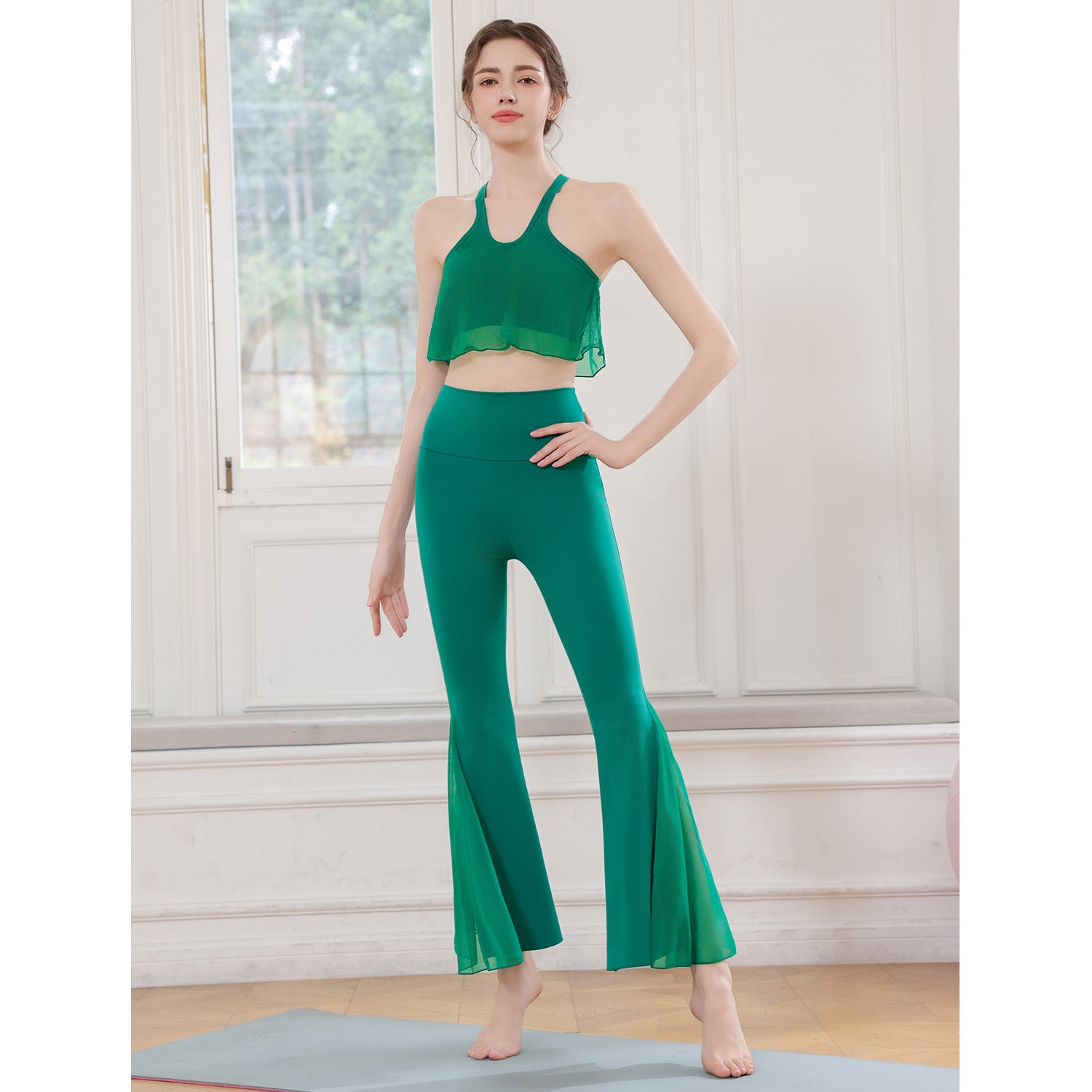 Dunhuang Flying Goddess Mesh Yarn Crossing Beauty Back Fork Flared Pants Set