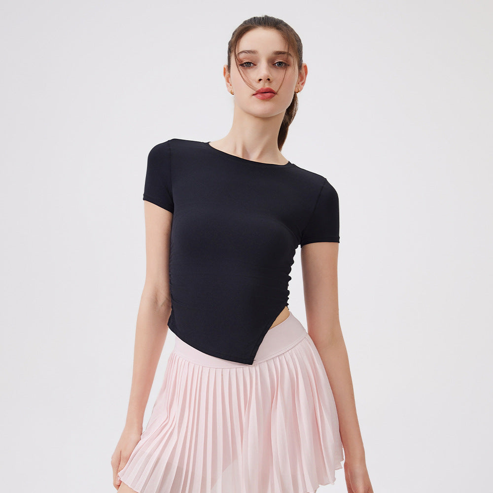 Cool, Breathable, Antibacterial, Asymmetrical waist, Sports running training, Short sleeves