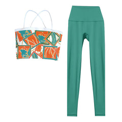 Fashion print contrasting camisole top nude gym pants set