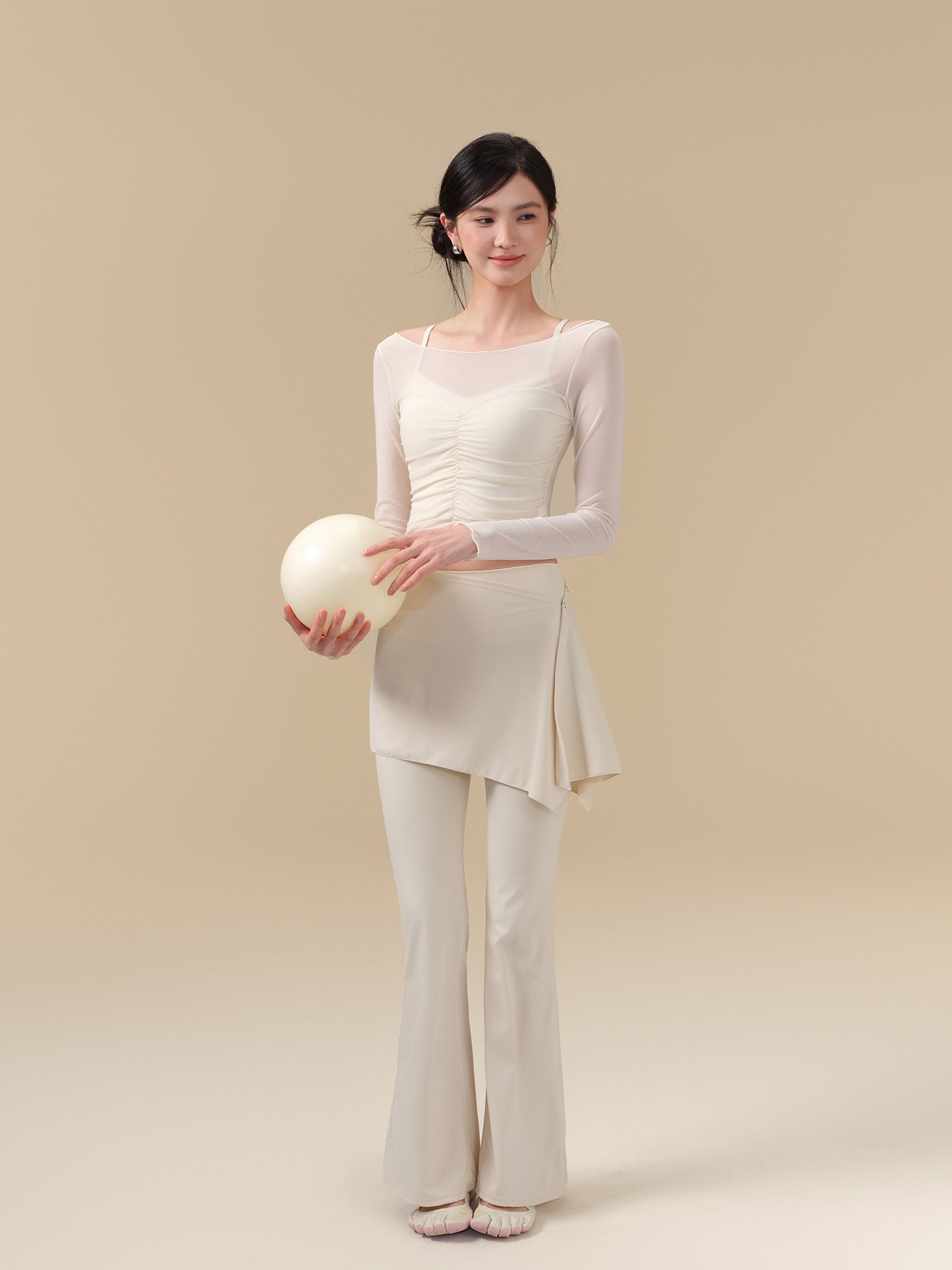 Mesh breathable pleated waist two-piece set