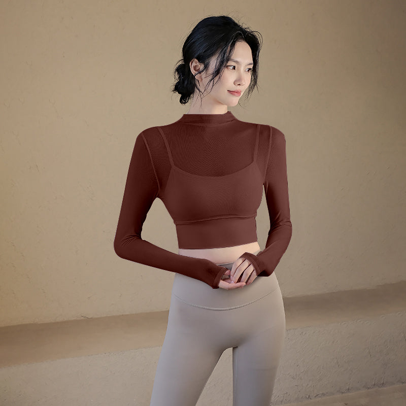 Sexy mesh sports long sleeves with chest pads