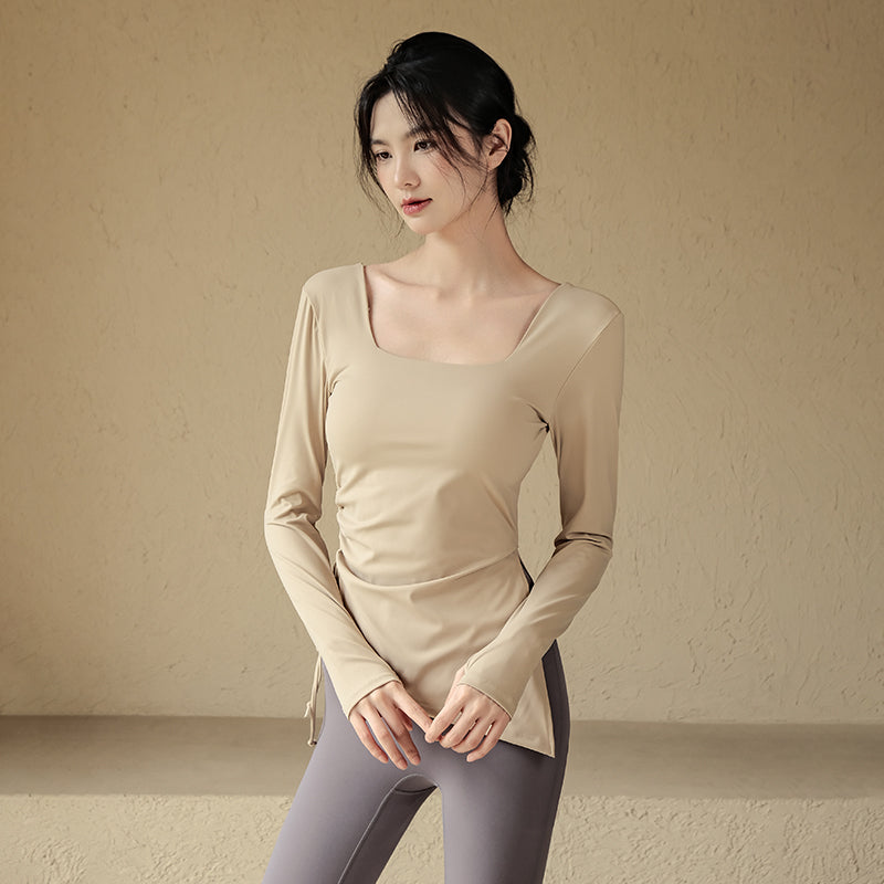 Drawstring yoga long sleeves with chest pads