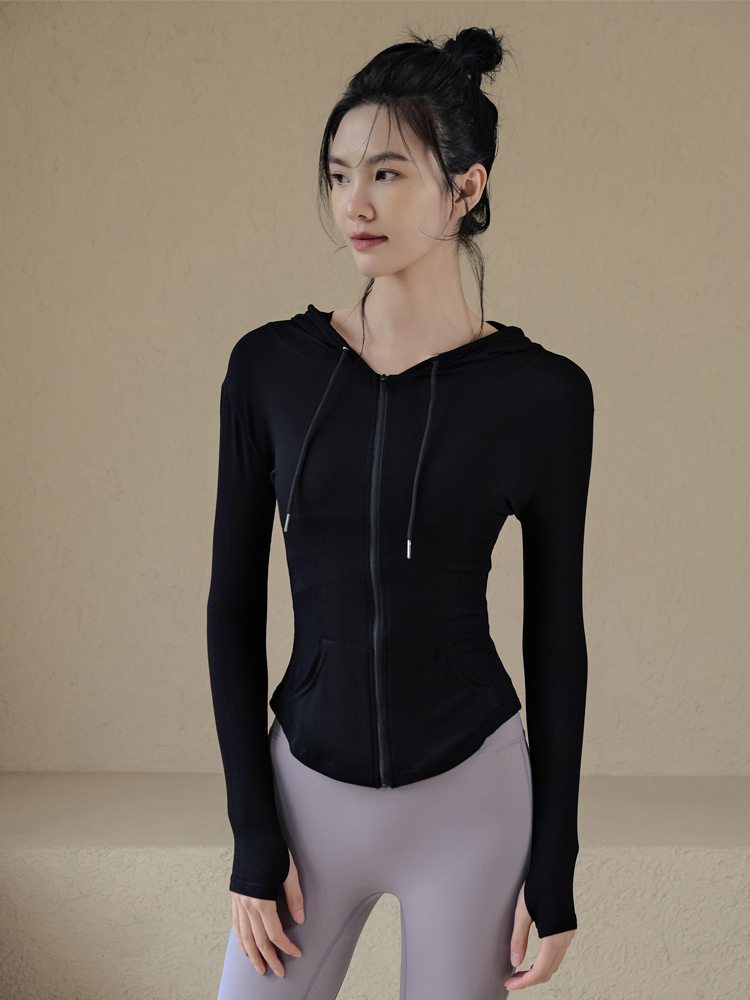 Zippered cardigan slim fit hooded yoga jacket