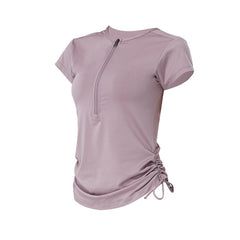 Zipper drawstring breathable yoga short sleeves