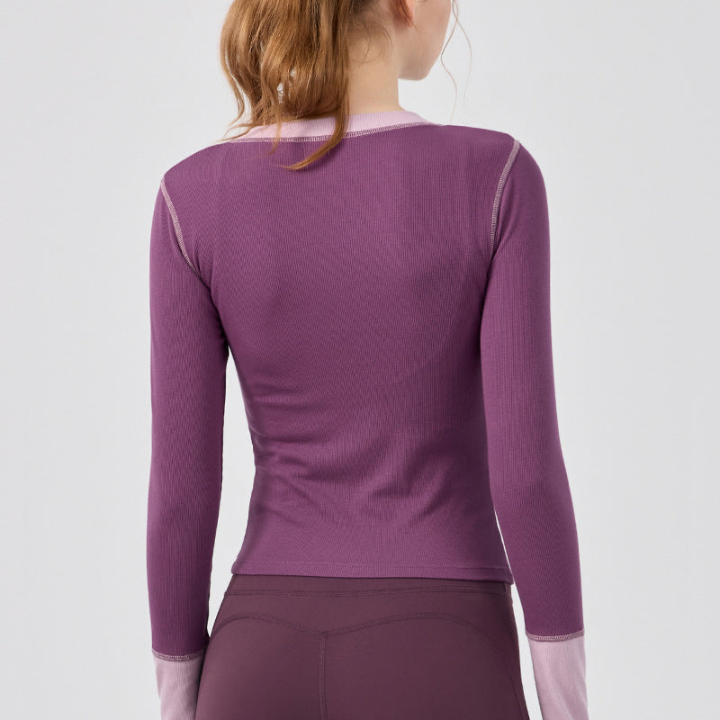 Retro crew neck contrast design slim yoga fitness long-sleeved top
