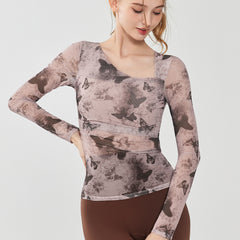 Butterfly print mesh is breathable, Quick-drying, Slim-fitting, Sporty long sleeves