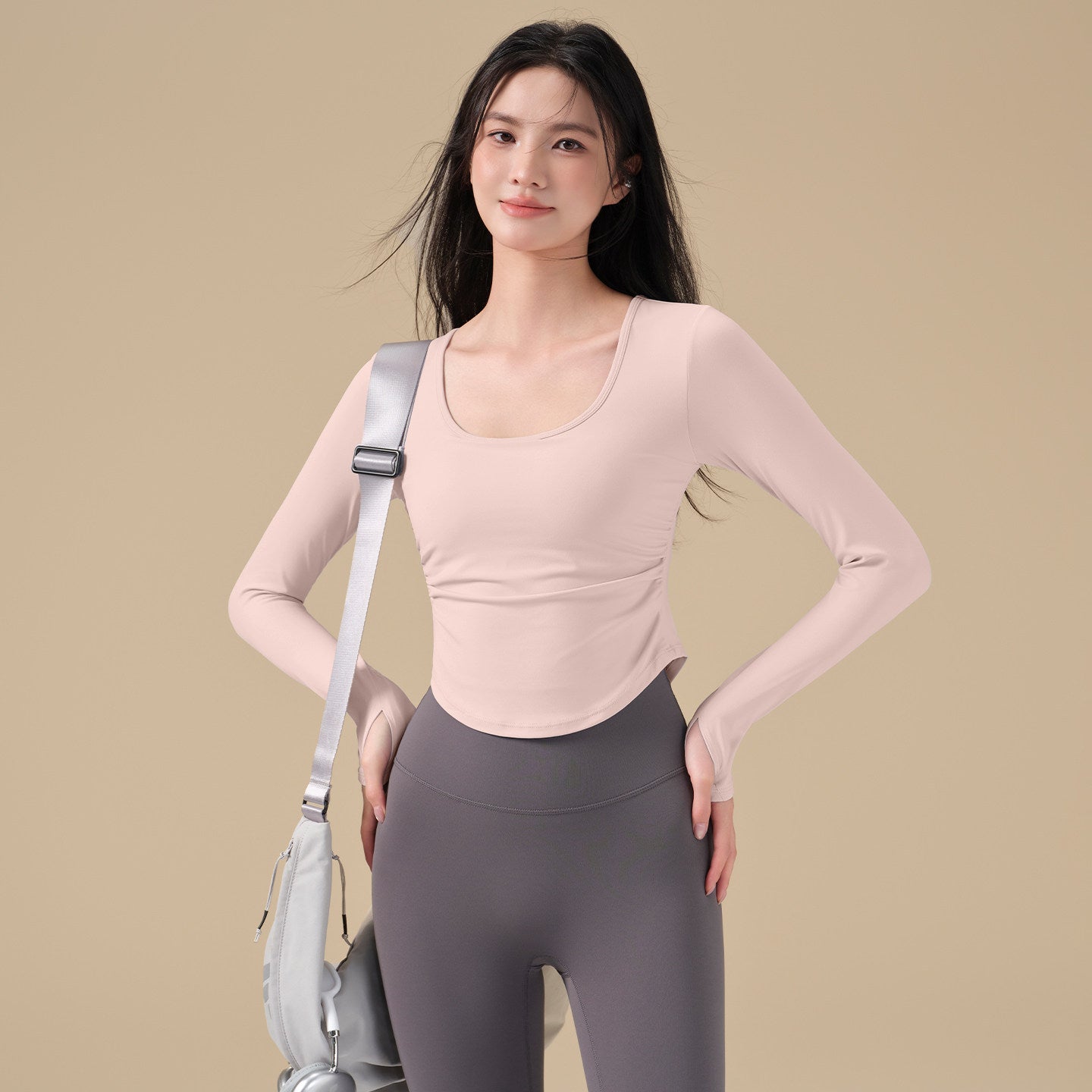 Pleated slimming sports long-sleeved T-shirt