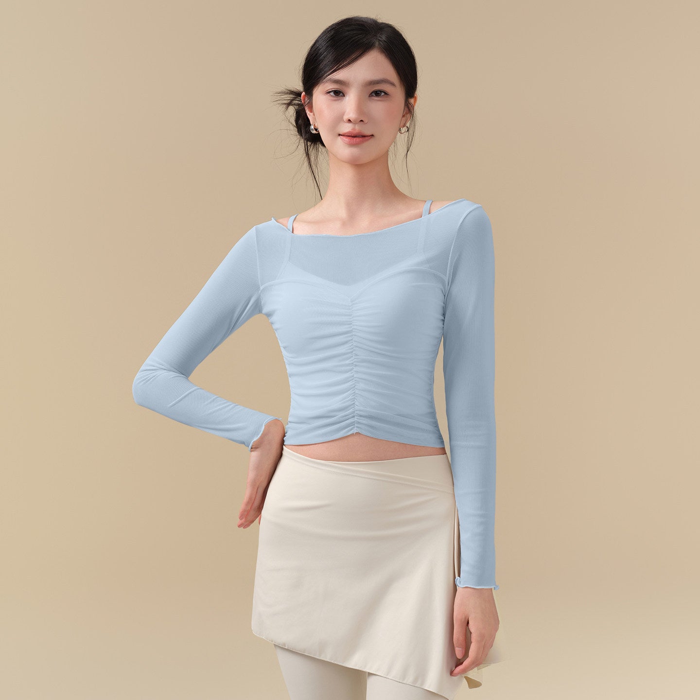 Mesh breathable pleated waist two-piece set