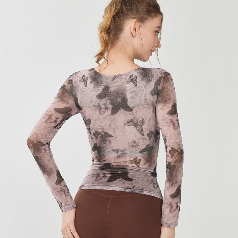 Butterfly print mesh is breathable, Quick-drying, Slim-fitting, Sporty long sleeves