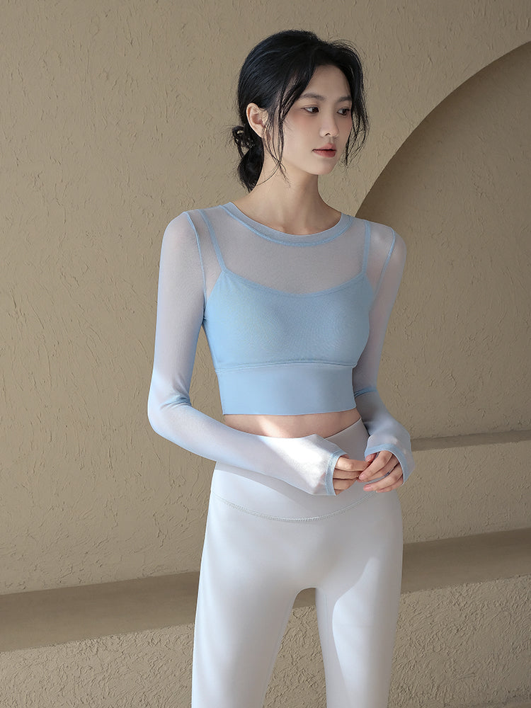 Sexy mesh with chest pad sports long sleeves