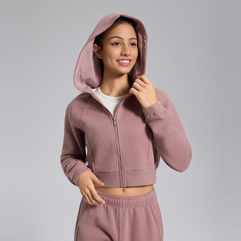 Autumn and winter cropped fleece casual sports hooded jacket