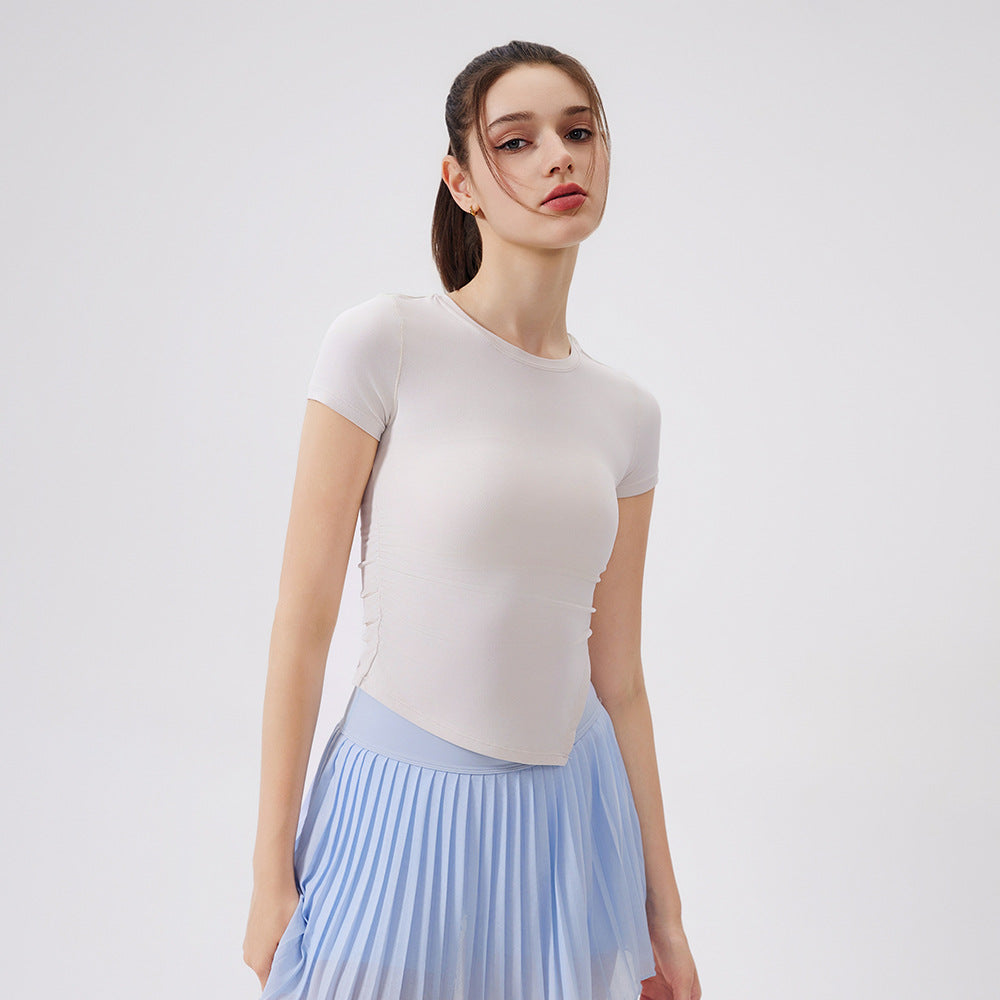 Cool, Breathable, Antibacterial, Asymmetrical waist, Sports running training, Short sleeves