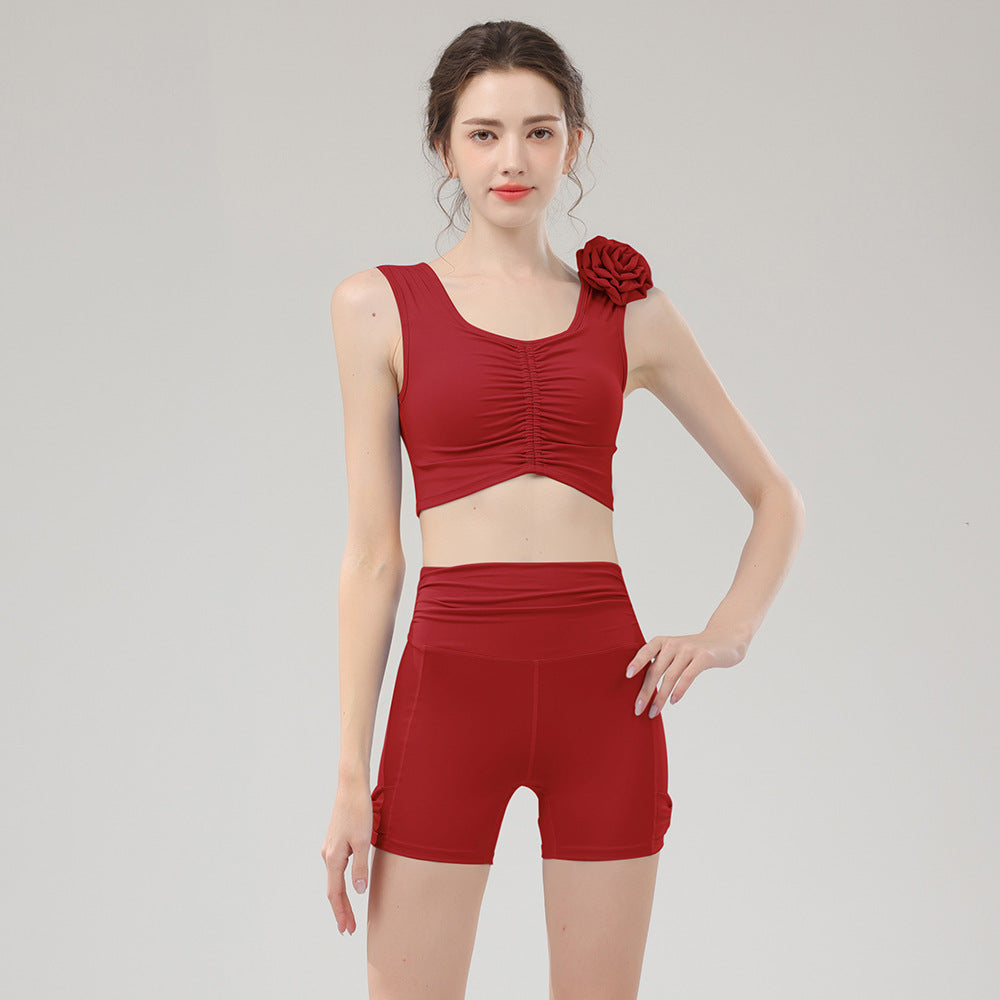 Flowers gathered pleated bra skinny shorts set