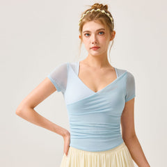 Mesh cross-pleats V-neck cut-out yoga short sleeves