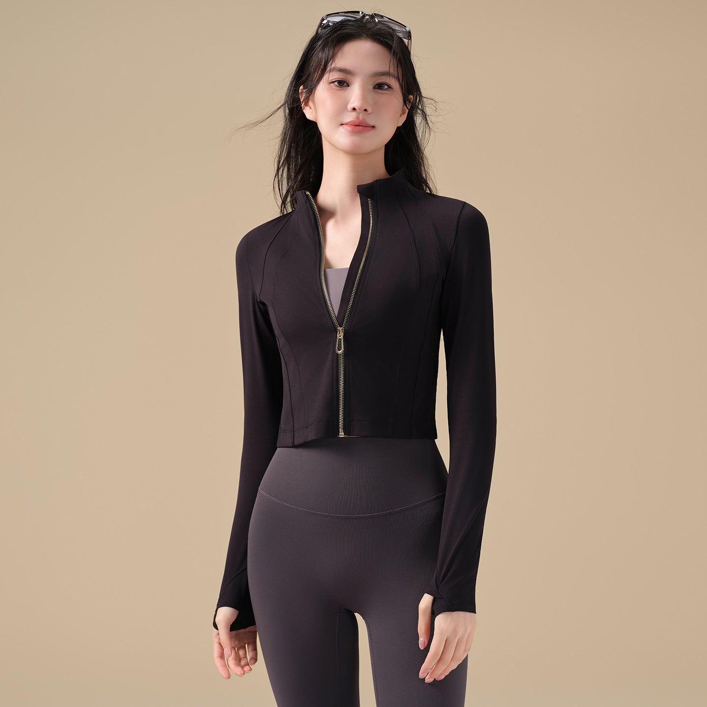 Stand up collar zipper waist sports running training fitness long sleeves