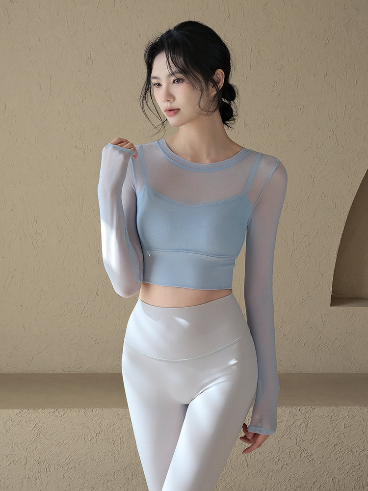 Sexy mesh with chest pad sports long sleeves