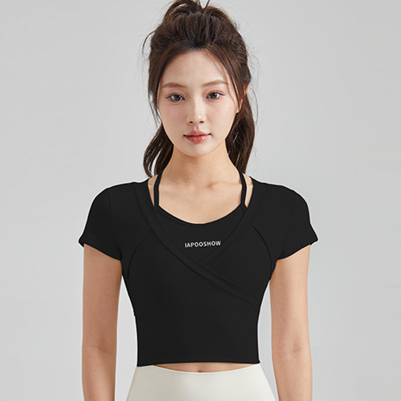 Fake two nude quick-drying slimming fitness T-shirts