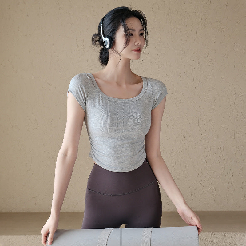 Pleated waist is versatile to look slimmer and breathable, Sports and fitness tops with short sleeves
