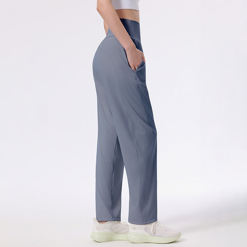 Nude high-waisted casual sports straight-leg trousers