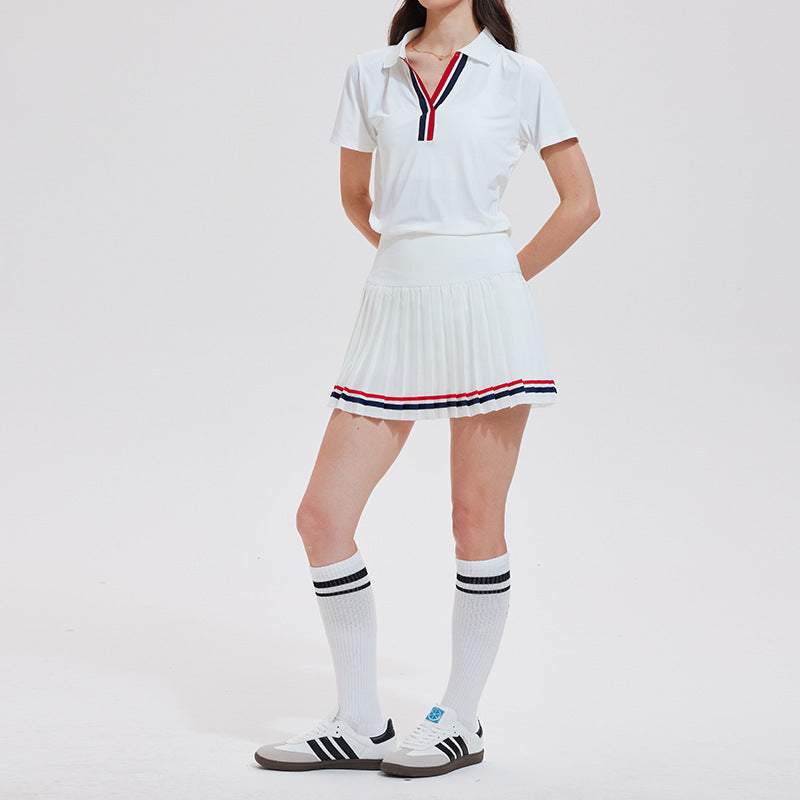 Anti-shine pleated skirt quick-drying V-neck short-sleeved golf suit